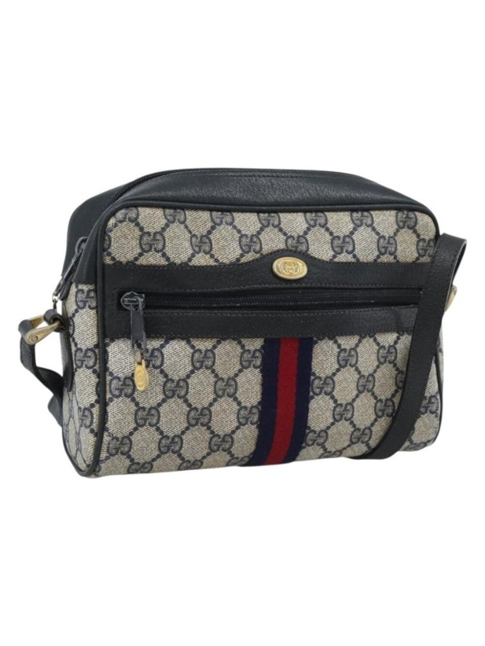 Authentic GUCCI GG Supreme Sherry Line Shoulder Bag PVC Navy Gold 72 001 3654